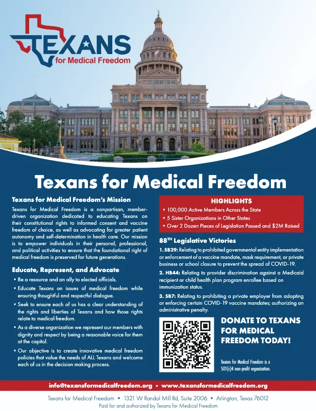 Texans for Medical Freedom accomplishments flyer featuring 2023 legislative highlights, mission, and victories with the Texas Capitol in the background.