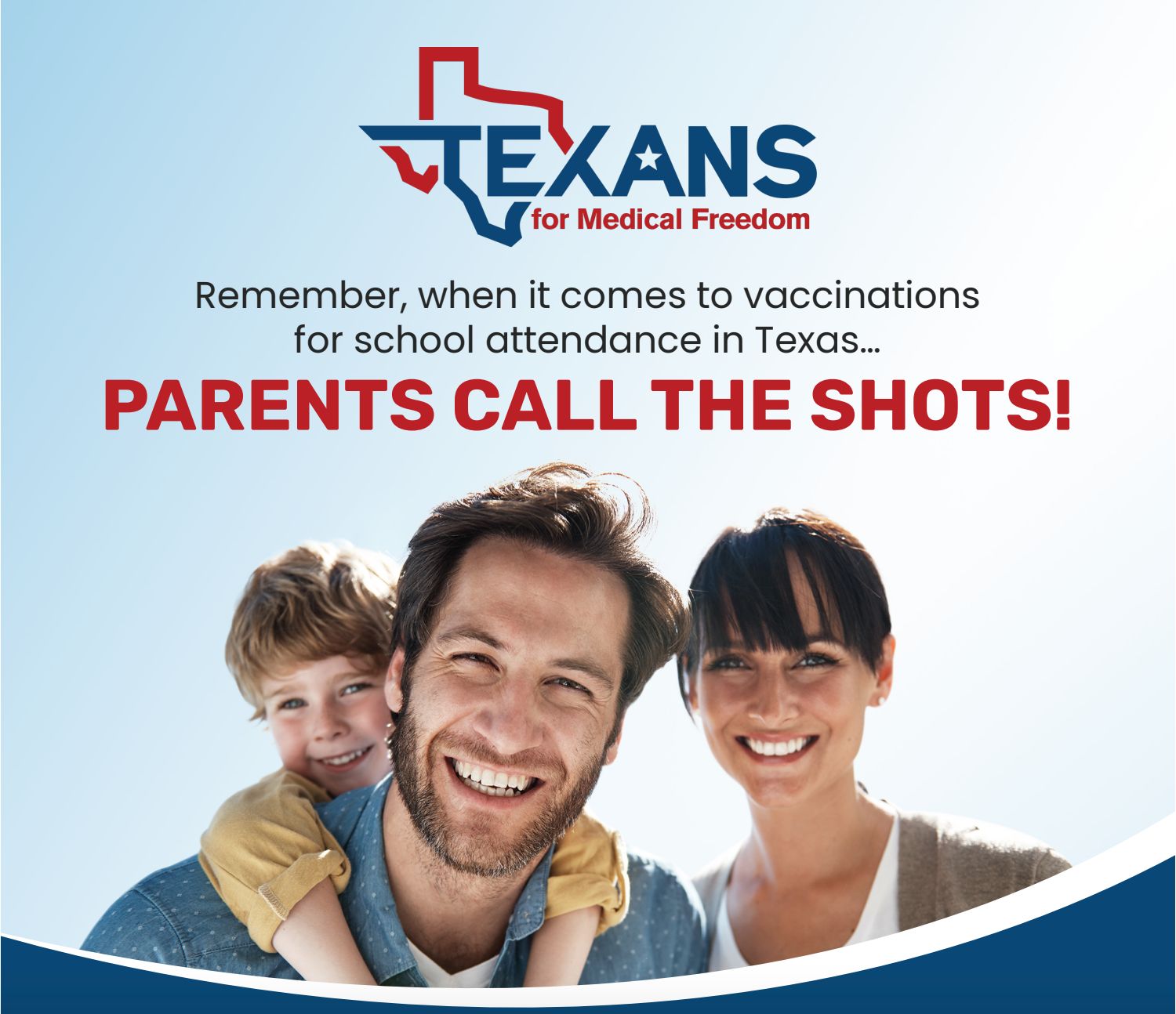 Smiling family with text "PARENTS CALL THE SHOTS!" for Texas school vaccinations.